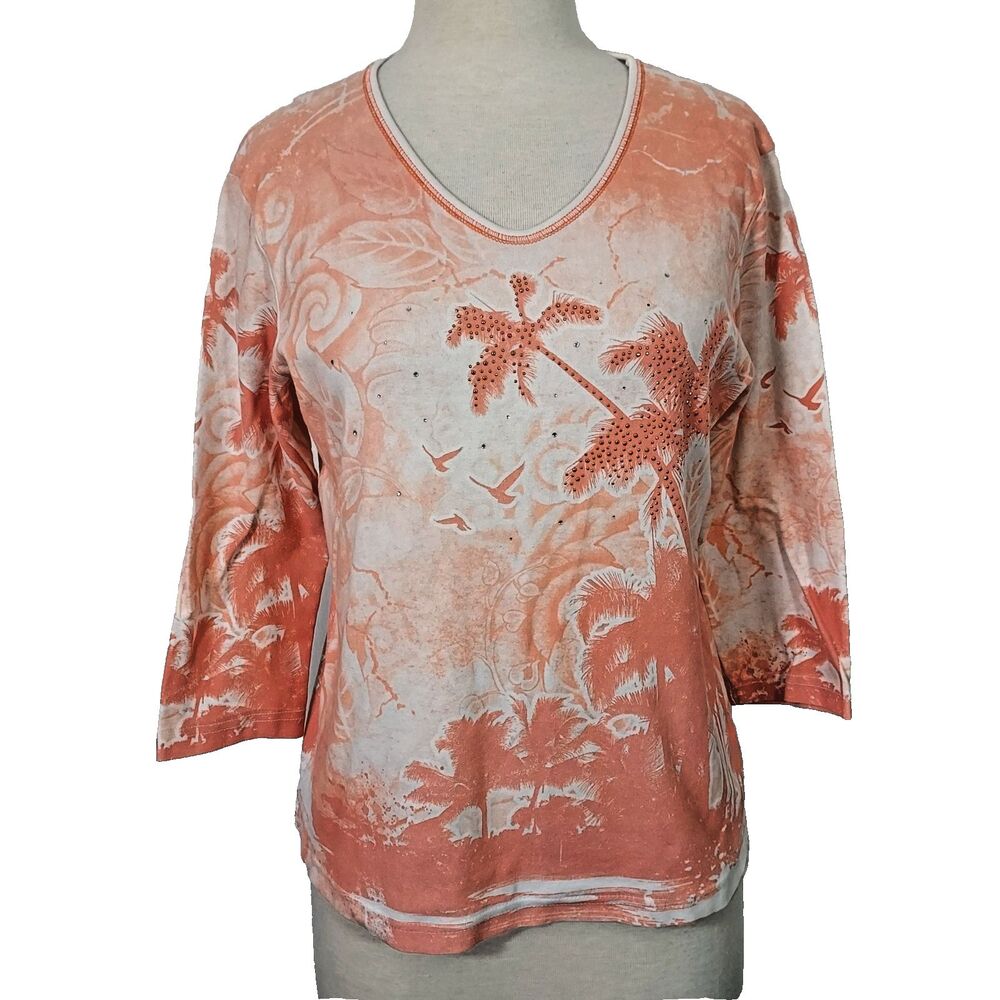 Cactus Bay Apparel Bedazzled Rhinestone Palm Tree T Shirt Top Women Size Large